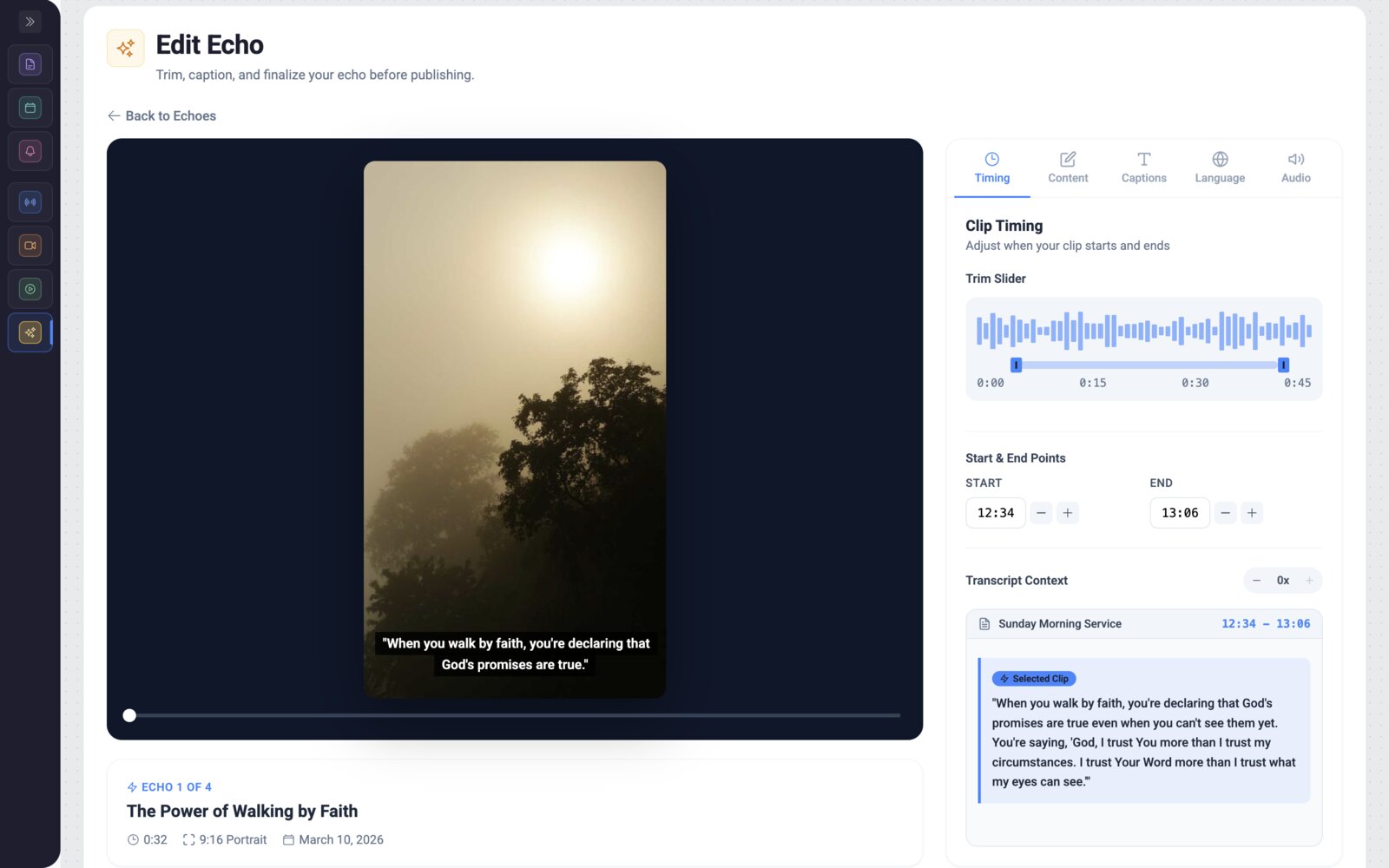 AI Media Booster Edit Echo workflow — trimming and captioning a sermon clip