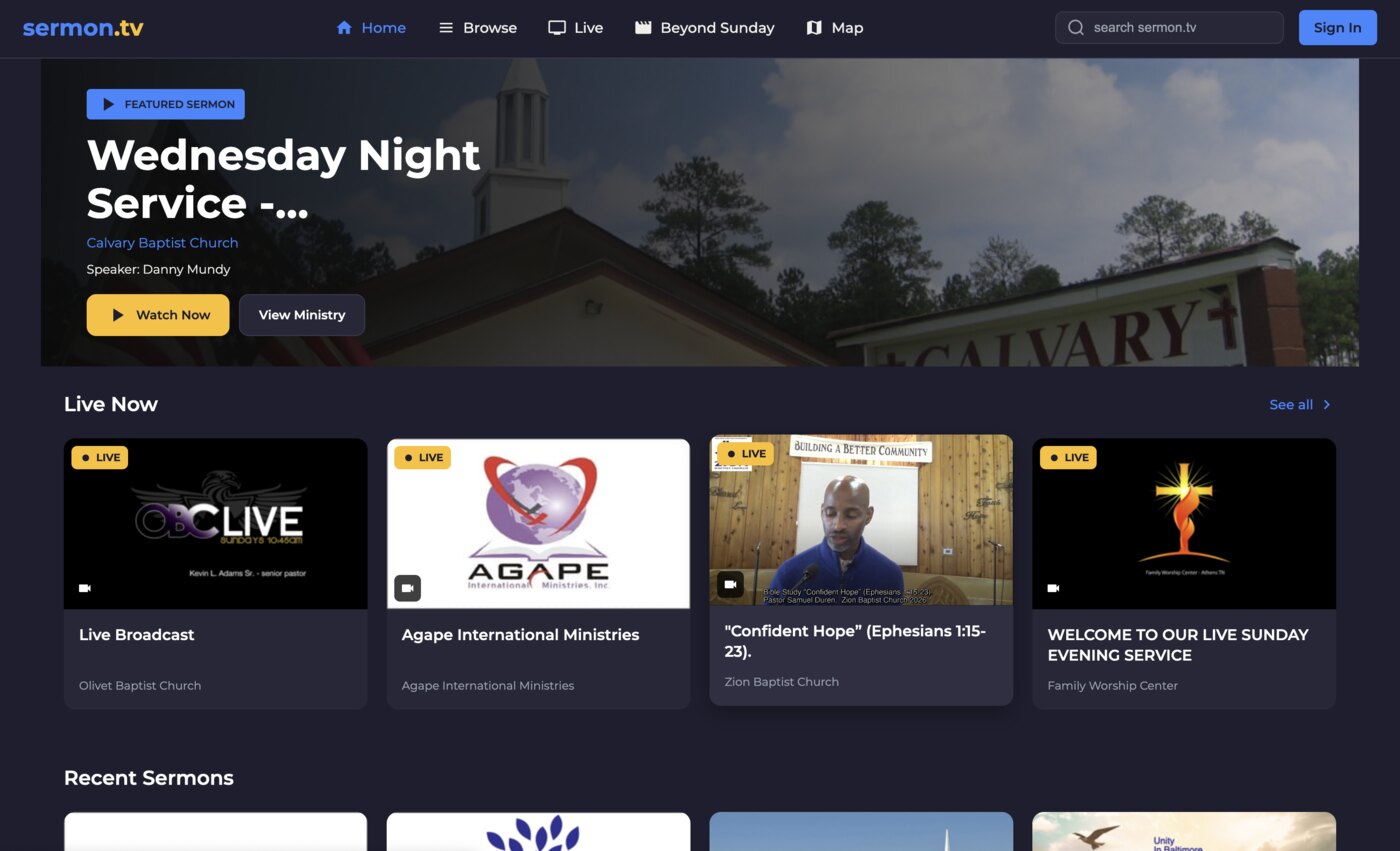 The sermon.tv directory showing featured and live sermons