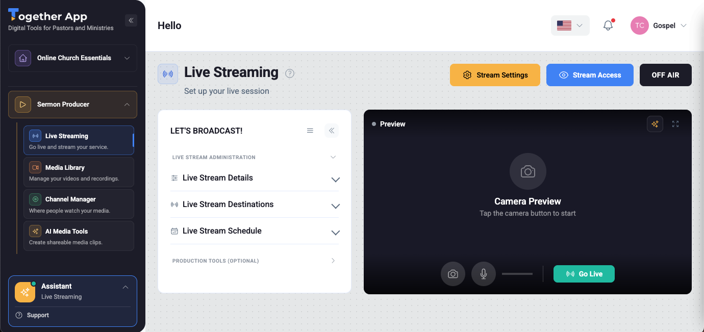 Together App live streaming dashboard on a monitor