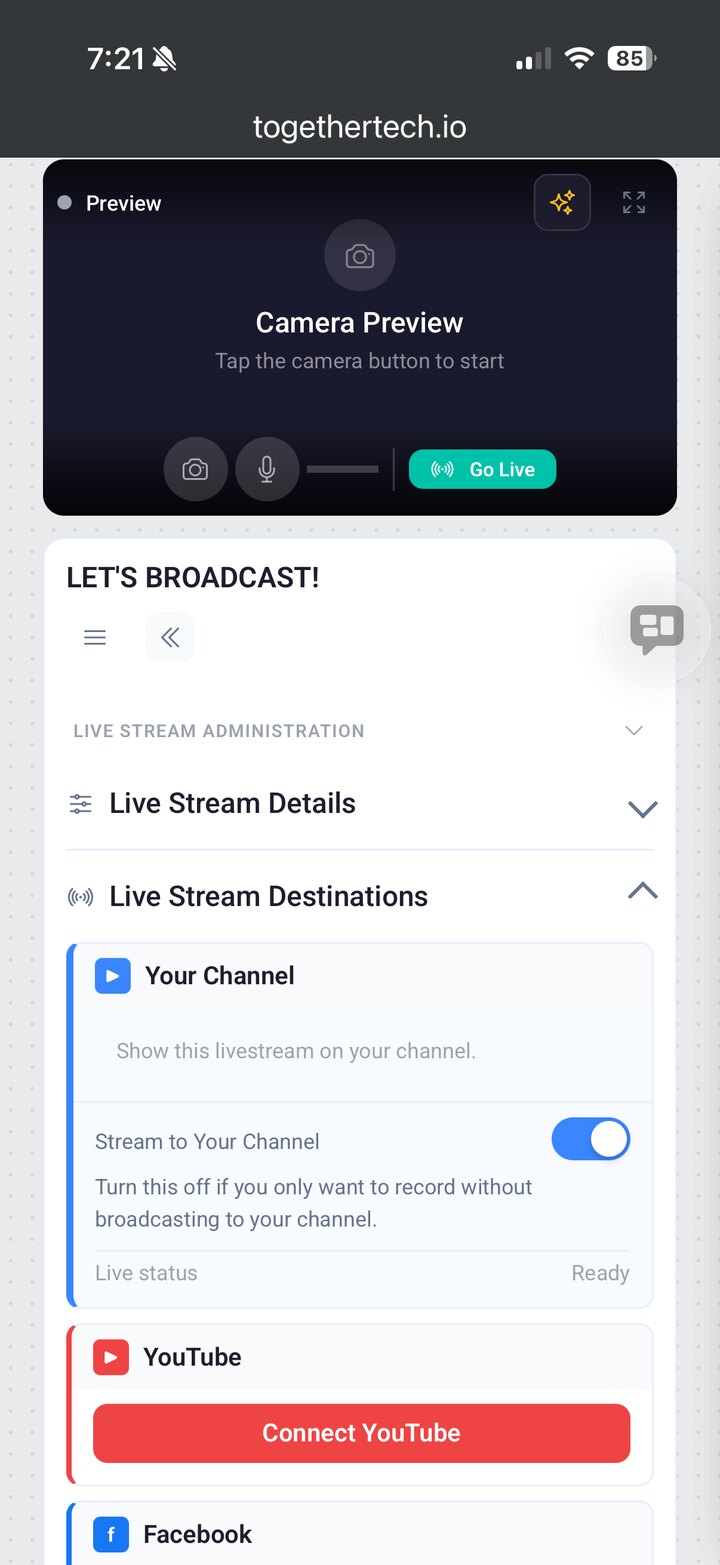 Together App live streaming on a phone